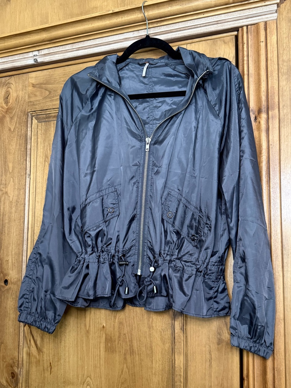 Free People Gray Hooded Windbreaker Jacket Drawstring Peplum Waist Size S